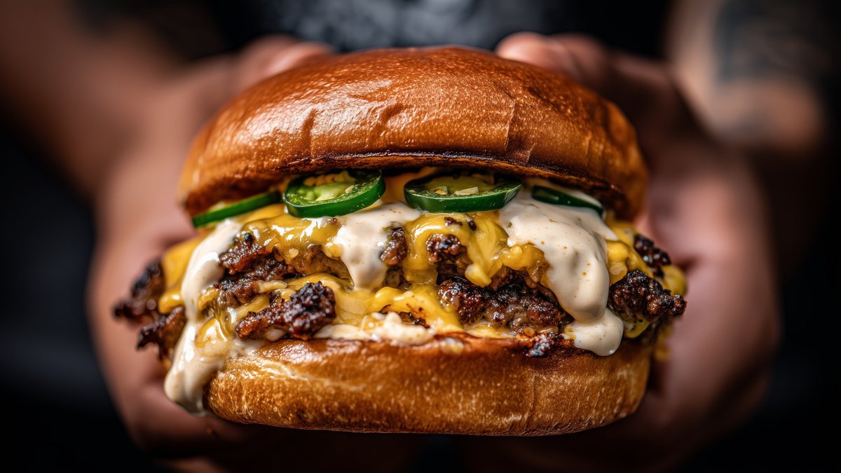 Loaded Greg's Burgers smashburger with jalapeños