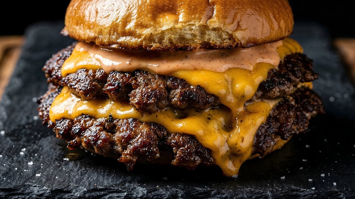Double stacked Greg's Burgers smashburger dripping with sauce